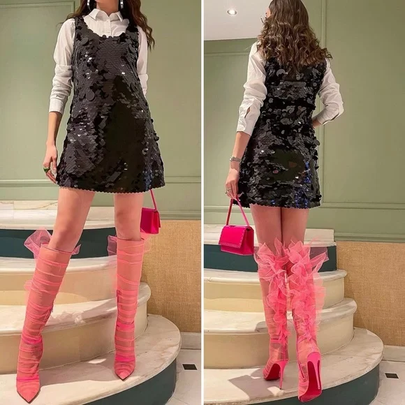 RARE Christian Louboutin SS22 Libellibotta Pink Tulle Knee High Boots Heels 40 - Picture 2 of 15